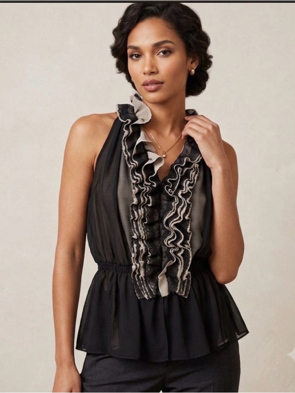 Robert Rodriguez Chic Black Halter Blouse with Ruffled Black&White Trim - Size M